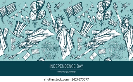 Seamless pattern 4th of July . Hand drawn vector illustrations. Independence Day background. USA national sketches. Material design for greeting card, flyer, banner, poster