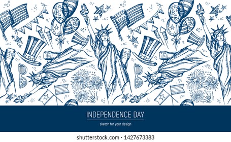 Seamless pattern 4th of July . Hand drawn vector illustrations. Independence Day background. USA national sketches. Material design for greeting card, flyer, banner, poster