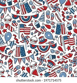 seamless pattern for the 4th of July, independence day with hand drawn doodles. Good for wrapping paper, textile prints, packaging, wallpaper, scrapbooking, etc. EPS 10