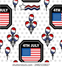 Seamless pattern for the 4th of July Independence Day with American flags and stars in white and blue colors, featuring a United States background