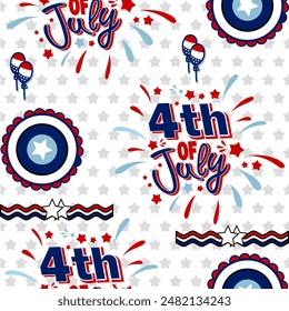 Seamless pattern for the 4th of July Independence Day with American flags and stars in white and blue colors, featuring a United States background