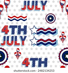 Seamless pattern for the 4th of July Independence Day with American flags and stars in white and blue colors, featuring a United States background