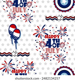 Seamless pattern for the 4th of July Independence Day with American flags and stars in white and blue colors, featuring a United States background