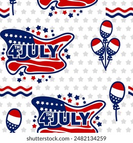 Seamless pattern for the 4th of July Independence Day with American flags and stars in white and blue colors, featuring a United States background