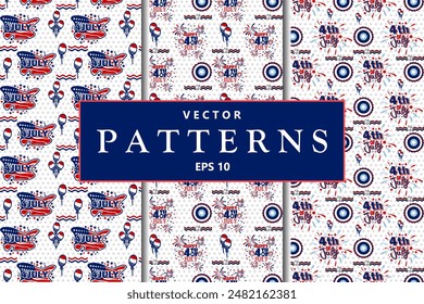 Seamless pattern for the 4th of July Independence Day with American flags and stars in white and blue colors, featuring a United States background