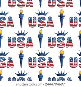 Seamless pattern for 4th of July US Independence Day with cartoon freedom torches