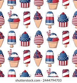 Seamless pattern for the 4th of July US Independence Day with cartoon ice creams