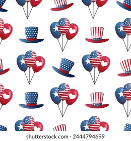 Seamless pattern for 4th of July USA Independence Day with cartoon balloons and top hat