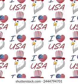 Seamless pattern for 4th of July USA Independence Day with cartoon eagle in top hat