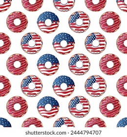 Seamless pattern for 4th of July USA Independence Day with cartoon donuts