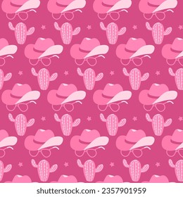 Seamless pattern with 60s pink girlish wild west. Cowgirl elements repeating on a pink background. Cowboy hat, vintage sunglasses, cactus. Flat vector hand drawn wallpaper