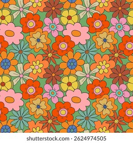 Seamless pattern with 70s flowers. Retro illustration on green background