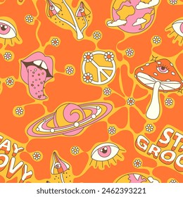 Seamless pattern in 70s style, groove, with planets, earth, mushrooms, lips, eyes, psychedelic bright background