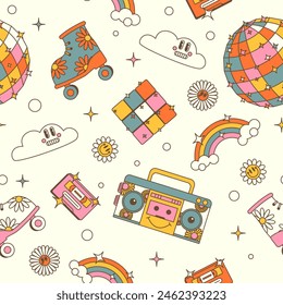 Seamless pattern in 70s style, groove, with a disco ball, rainbow, tape recorder, cassettes on a light background