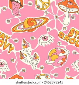 Seamless pattern in 70s style, groove, with planets, earth, mushrooms, lips, eyes, psychedelic bright background