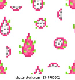 Seamless pattern with 8 bit pixel art dragon fruit (pitaya; pitahaya) isolated on white background.