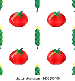 Seamless pattern with 8 bit pixel cucumber and tomato on a white background. Vector illustration.Old school computer graphic style. Games elements.