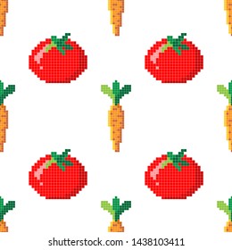 Seamless pattern with 8 bit pixel carrot and tomato on a white background. Vector illustration.Old school computer graphic style. Games elements.