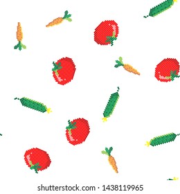 Seamless pattern with 8 bit pixel carrot, cucumber and tomato on a white background. Vector illustration.Old school computer graphic style. Games elements.