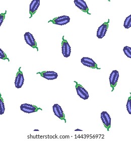 Seamless pattern with 8 bit pixel eggplant on a white background. Vector illustration.Old school computer graphic style. Games elements.