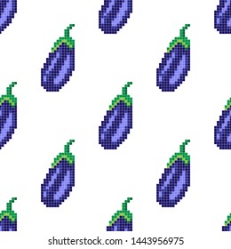 Seamless pattern with 8 bit pixel eggplant on a white background. Vector illustration.Old school computer graphic style. Games elements.