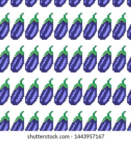 Seamless pattern with 8 bit pixel eggplant on a white background. Vector illustration.Old school computer graphic style. Games elements.