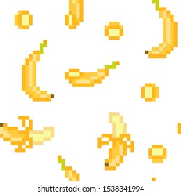 Seamless pattern with 8 bit pixel art yellow bananas (uncut, peeled, sliced) isolated on white background. Exotic fruit print for menu, kitchen fabric, product, cosmetics package design.
