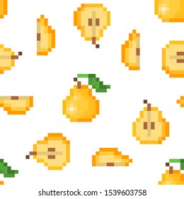 Seamless pattern with 8 bit pixel art yellow pears (uncut, cut in half, sliced) isolated on white background. Fruit print for menu, fabric, seed, jam, juice, product, cosmetics package design.