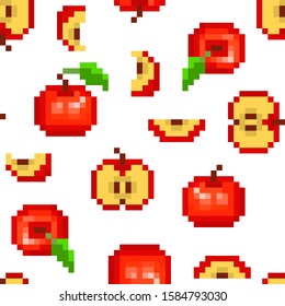 Seamless pattern with 8 bit pixel art red apple (uncut, cut in half, sliced, top view) isolated on white background. Garden fruit print for menu, fabric, clothing, food, cosmetics package design.