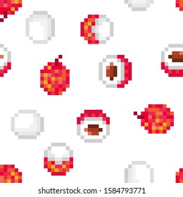 Seamless pattern with 8 bit pixel art lychee (uncut, cut in half, peeled) isolated on white background. Bright exotic tropical fruit print for menu, fabric, clothing, food, cosmetics package design.