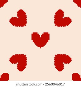 seamless pattern with 8 bit pixel hearts for valentines day, flat vector illustration, perfect for your holiday background, textile, greeting card, wrapping