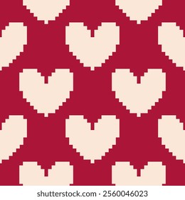 seamless pattern with 8 bit pixel hearts for valentines day, flat vector illustration, perfect for your holiday background, textile, greeting card, wrapping