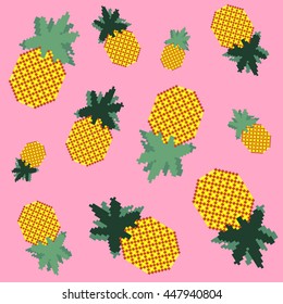 Seamless pattern 8 bit pixel art pineapples summer vacation isolated on pink background / vector eps 10