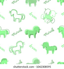 Seamless pattern with 8 (eight) various mint-green unicorn silhouettes for spring/summer backgrounds