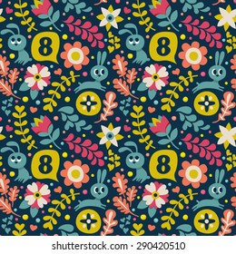 Seamless pattern for the 8 March with flowers and rabbits