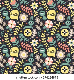 Seamless pattern for the 8 March with flowers and rabbits