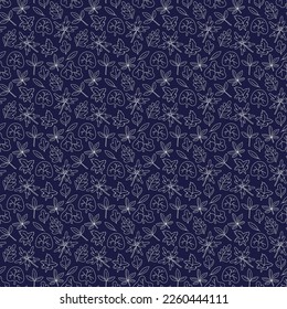 Seamless pattern with 8 types of leaves on a dark blue background. Cartoon color vector illustration.