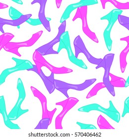 Seamless pattern, 80s and 90s style pumps shoes. Vintage glossy High Heels on a white background. Colorful neon universal print. Vector EPS 8