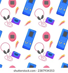 Seamless pattern of the 80s 90s with vintage objects, things. Vector illustration. y2k background 