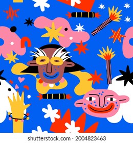 seamless pattern - 80s disco christmas party. Ornament with stars, people. shapes, fireworks. Psychedelic color poster for celebration. Hand drawn quirky childish style
