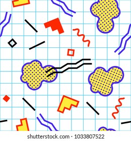 Seamless pattern with 80s memphis style modern geometric repeating ornament of weird colorful messy shapes