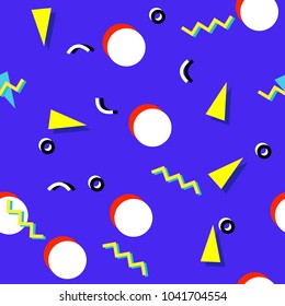 Seamless pattern with 80s memphis style modern geometric repeating ornament of weird colorful messy shapes