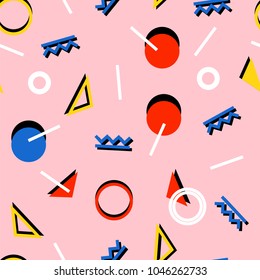 Seamless pattern with 80s memphis style modern geometric repeating ornament of weird colorful messy shapes