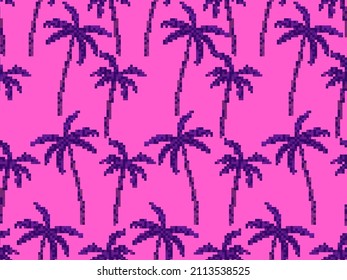 Seamless pattern with 80s style pixelated palm trees. 8-bit tropical jungle. Palm trees in pixel art style. Design for print, wrapping paper and advertising. Vector illustration