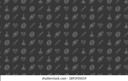 Seamless pattern 8-bit pixel graphics Video Game icon. Signs Heart, Sword, Coin, Potion Bottle. Pixel art Background for design, wallpaper, web. Vector