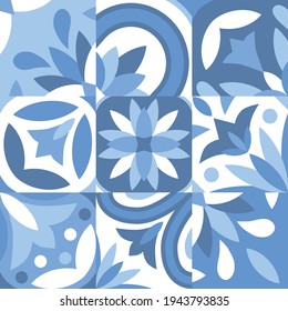 Seamless pattern of 9 ceramic tiles in vintage style, pastel blue color palette