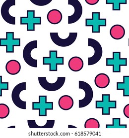 Seamless pattern in 90 80 style with simple geometric elements shapes