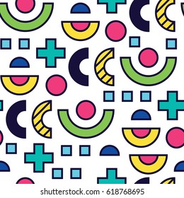 Seamless pattern in 90 80 style with simple geometric elements shapes