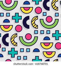 Seamless pattern in 90 80 style with simple geometric elements shapes