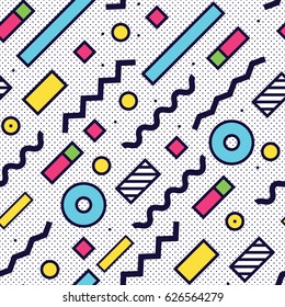Seamless pattern in 90 80 style with simple geometric elements shapes
